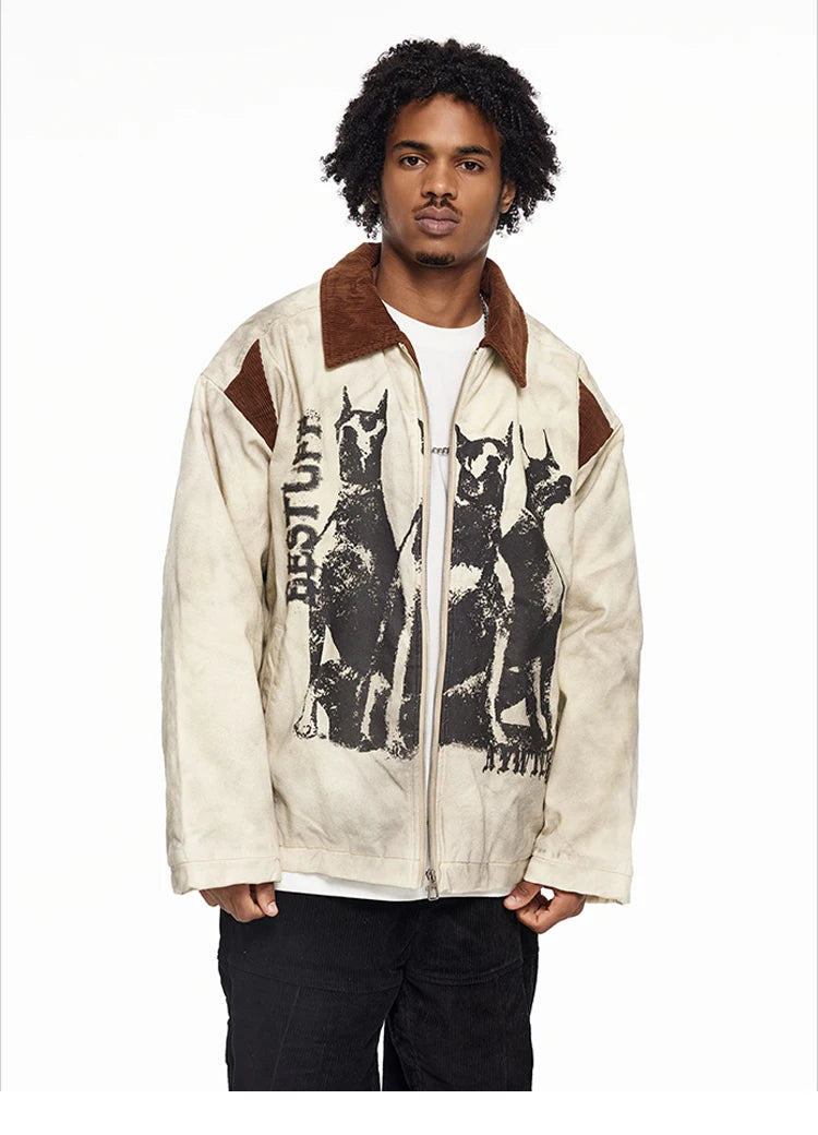 Men's Dog Head Graffiti Print Lapel Jacket Distressed Winter Jacket