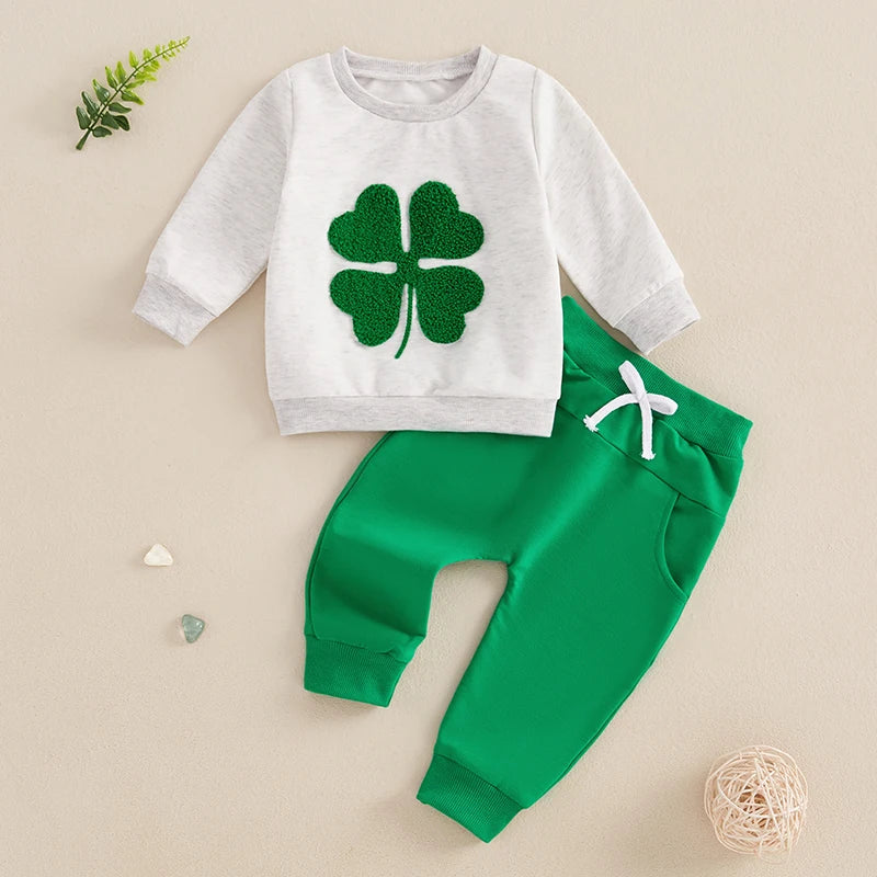 0-3YBaby Boys Girls 2pcs Clover Embroidery Long Sleeve Pullover Sweatshirt and Elastic Waist Pants