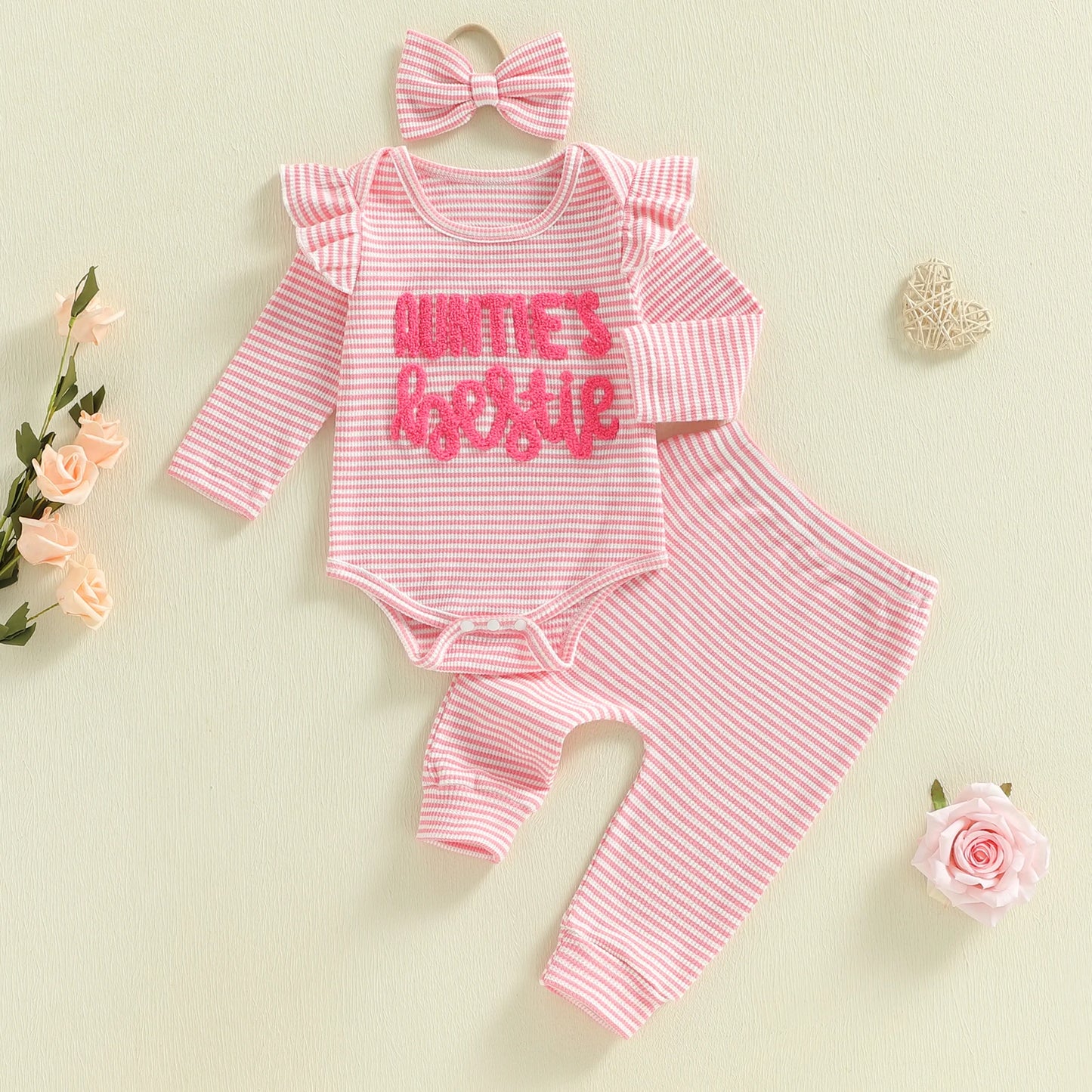 Newborn Baby Girls 3-Piece Outfit Set - Striped Romper, Pants & Headband (0-12M)