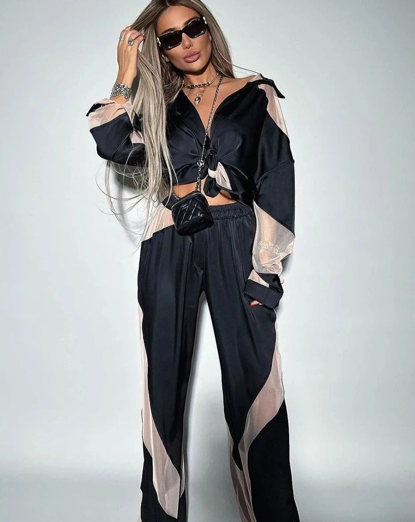 Women's  Loose Spliced High Waist Trousers and  Long Sleeve Shirts 2 Piece Set Outfit