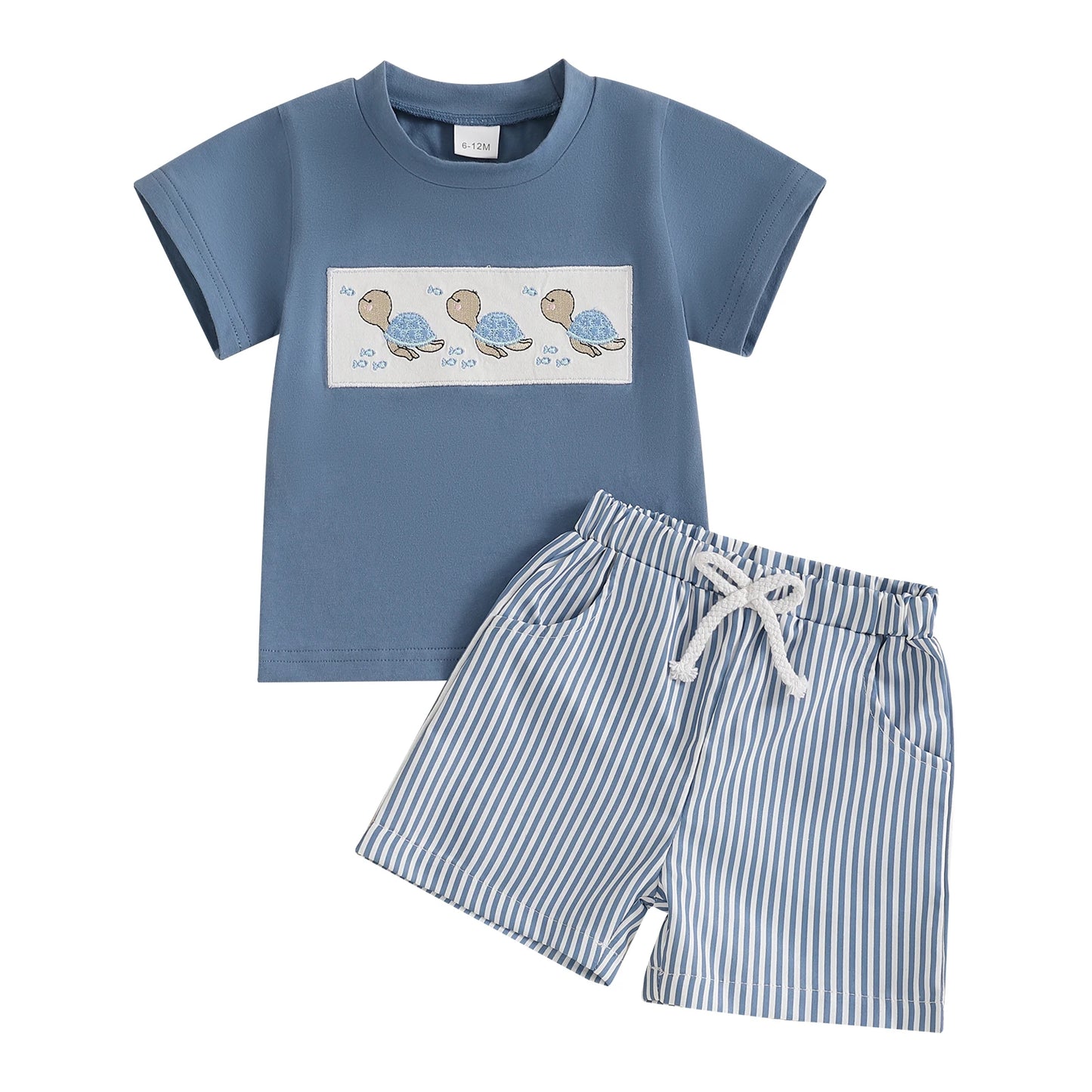 Baby Boys' Casual Outfit Set - Animal Embroidery Short Sleeve T-Shirt & Striped Shorts 2pcs