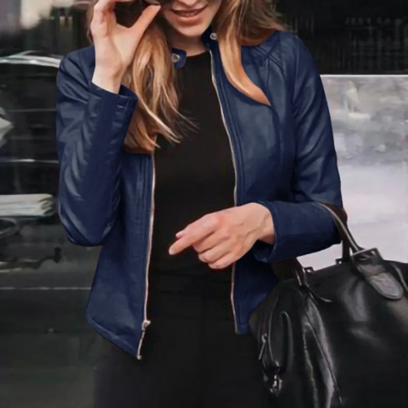 Women Slim Fit Faux PU Leather Zipper Jacket