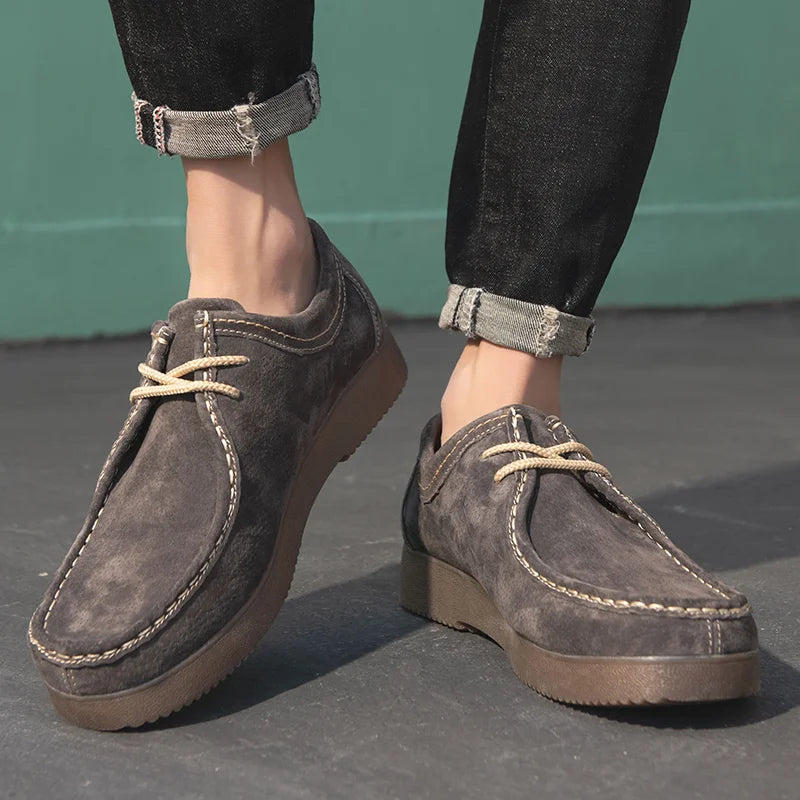 Men's Suede Leather Casual Shoes - Lace-Up Business Dress Sneakers