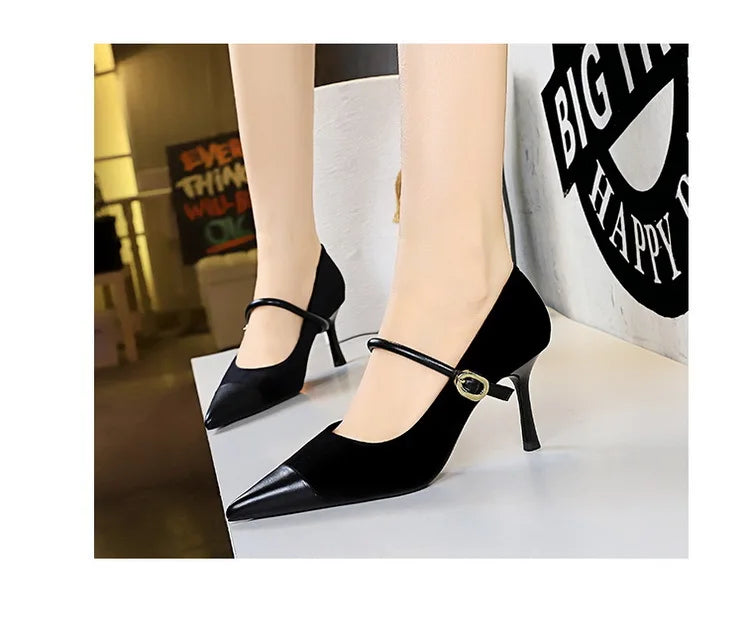 Suede Buckle Design Pumps - Pointed Toe Stilettos Available in 7cm and 10cm Heights
