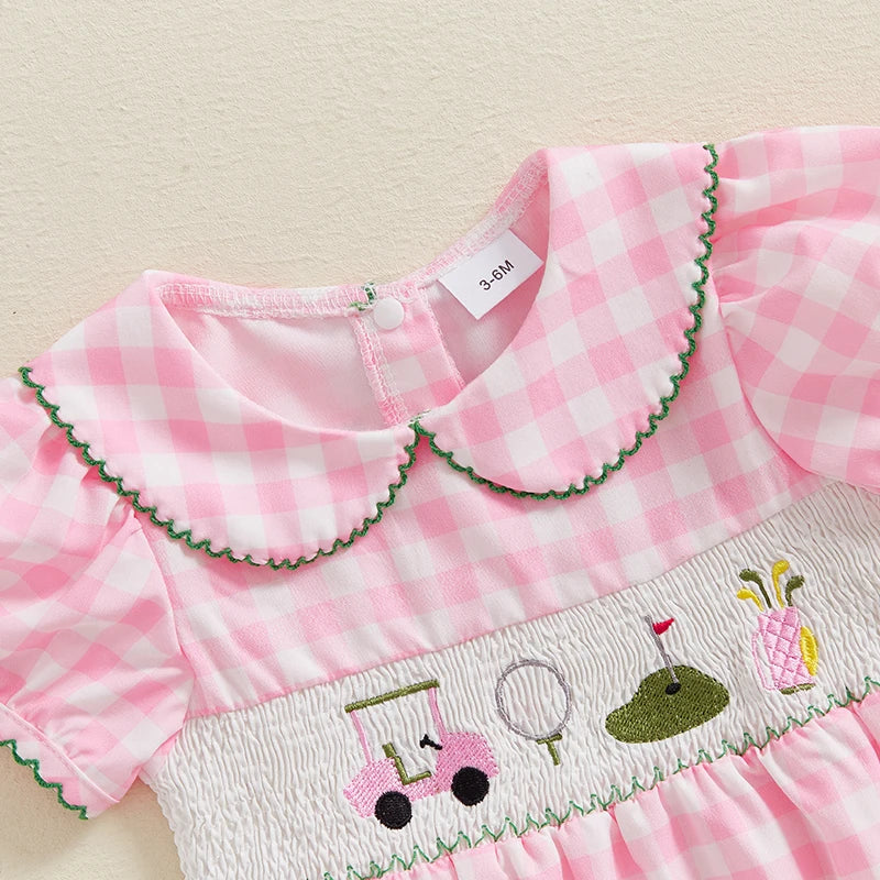 Baby Girls Summer Plaid Romper with Golf Embroidery - Doll Collar Jumpsuit (0-18M)