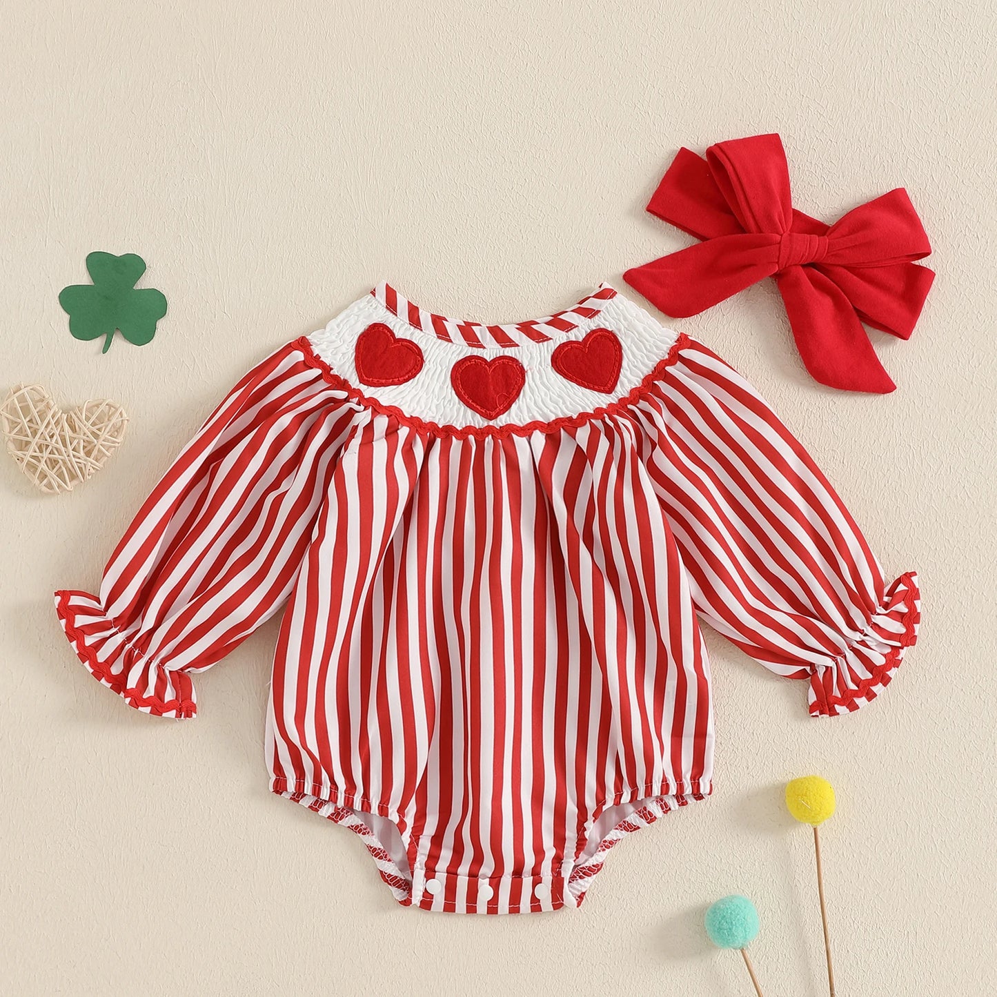 Baby Girls Striped Romper with Heart Embroidery & Hairband Set (0-18M)