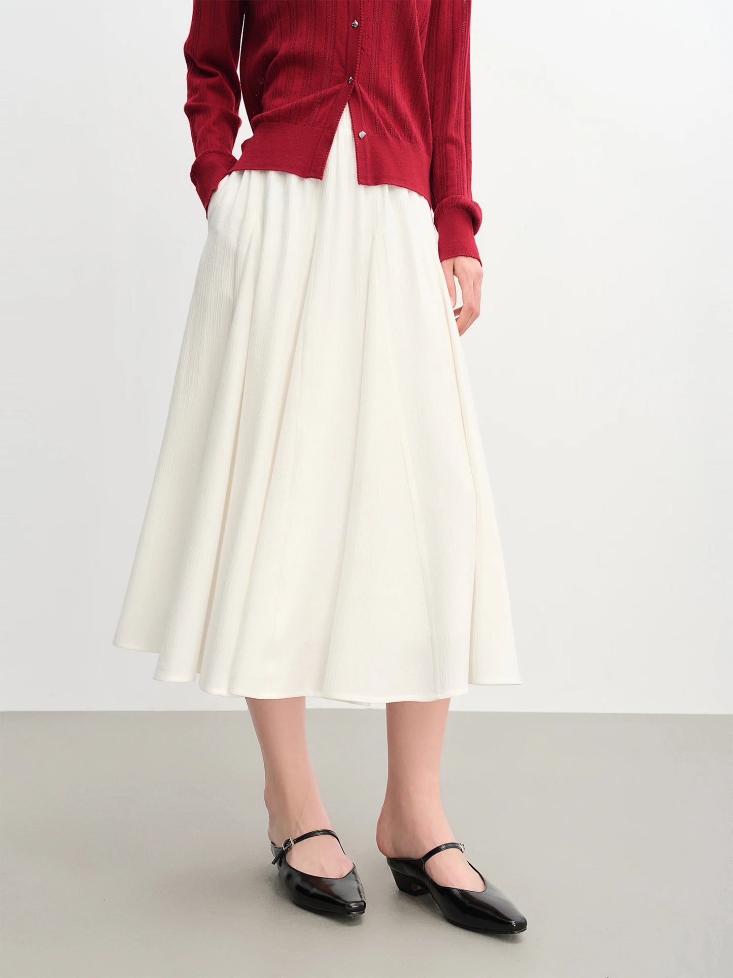 Pleated A-Line Midi Skirt - Textured White Long Skirt