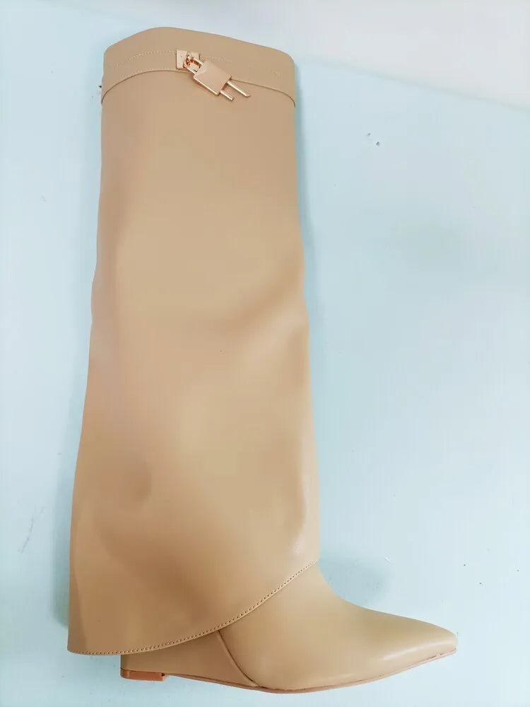 Women's Wedge Leather Mid-Calf Boots - 10cm Heel Metal Buckle Boots