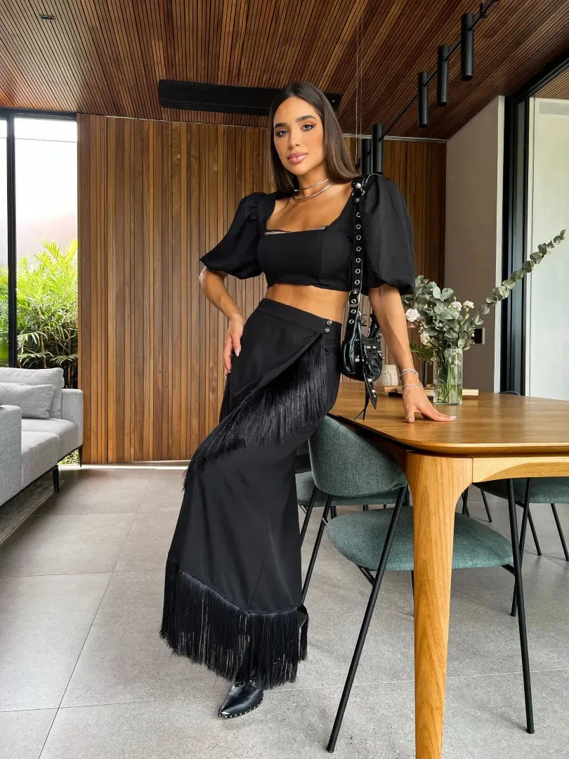 Black Elegant Two Piece Set for Women 2023 Casual Tassel Retro Women's Clothing Puff Sleeve Short Top Long Skirt Women's Suit