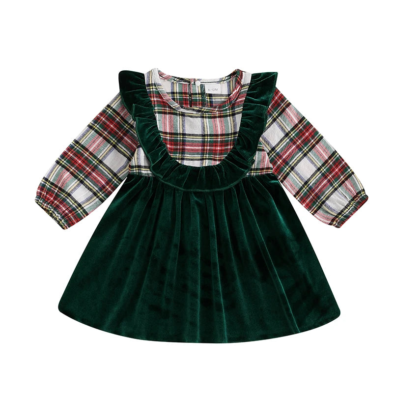 0-4Y Girl Christmas Plaid Print Velvet Patchwork Long Sleeve Crew Neck Ruffled A-Line Dress