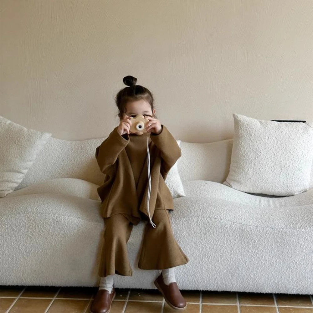 Children's Set Girls' Solid Loose Round Neck Cape Top Flare Pants 2 Piece Set