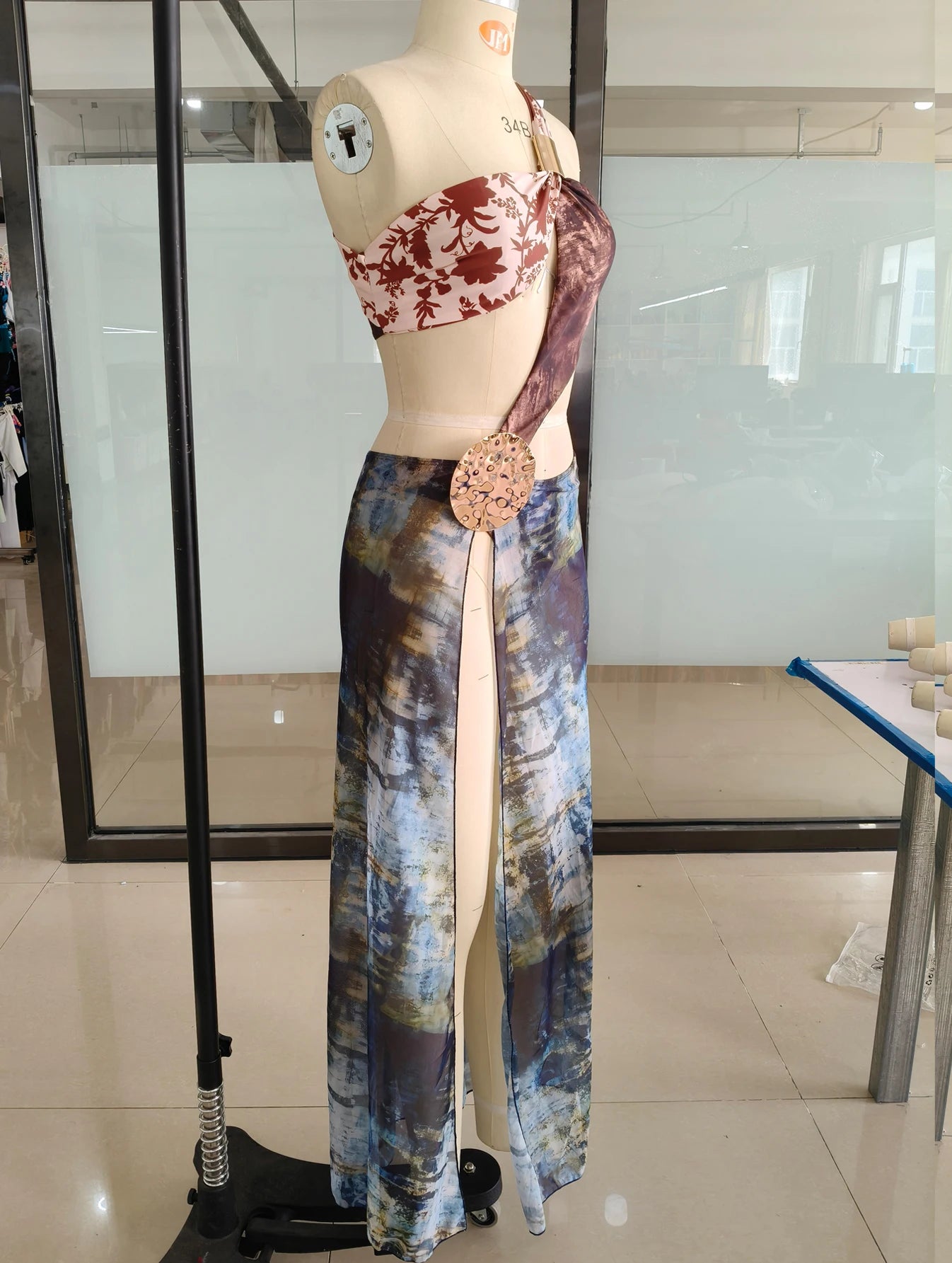 Women's Mesh Cut Out Maxi Dress - Ruched Print Beach Cover Up