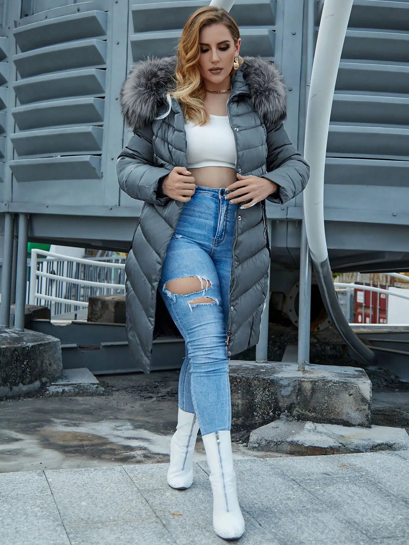 Women's Fur Collar Down Coat - Extra Long Winter Jacket