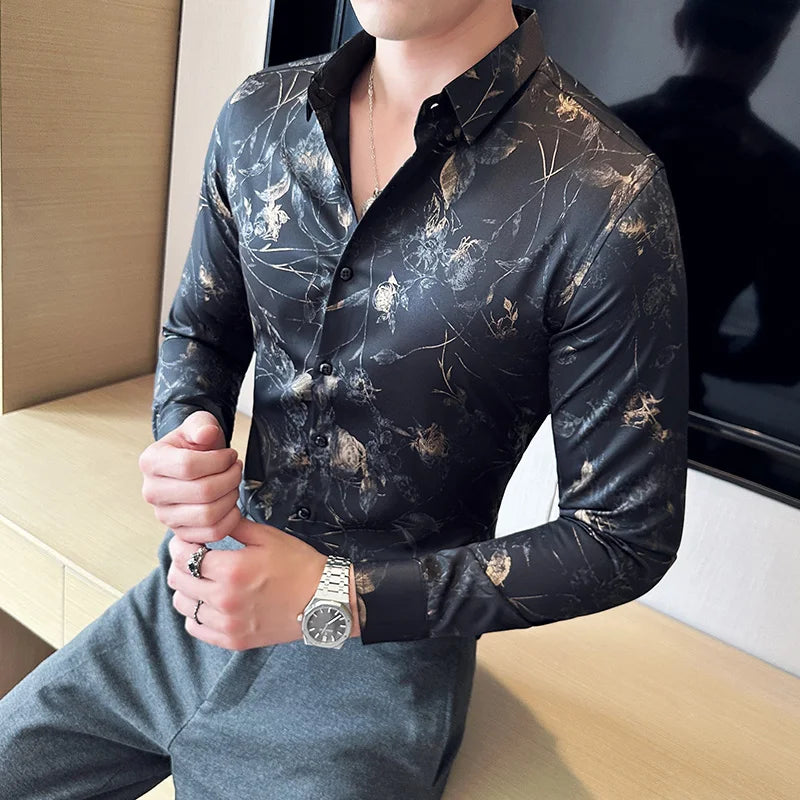Men's Print Shirt - Slim Fit Long Sleeve Turn Down Collar Shirt