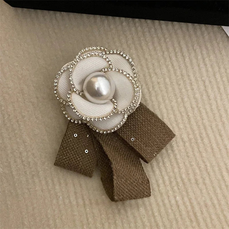 Retro Fabric Camellia Flower Brooch - Bow Crystal Pearl Tassel Lapel Pin