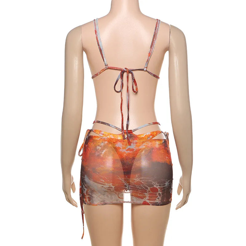 3 Piece Beachwear Bikini Set with Lace Up Skirt - Summer Co-ord Outfit