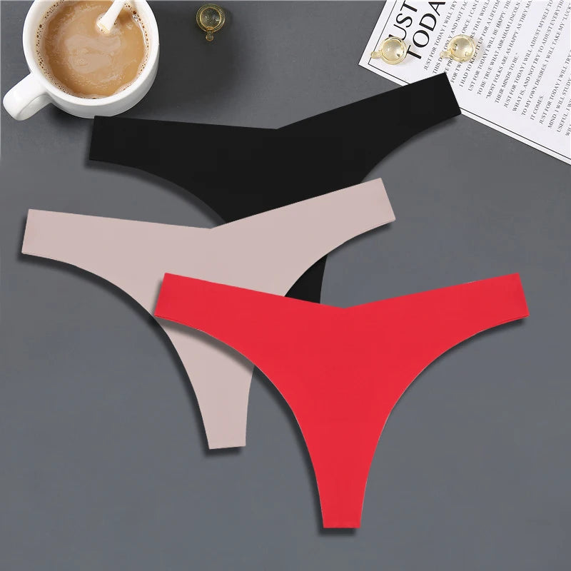 3PCS Women Ice Silk Seamless Underpants Panties, V-Waist Sport Thongs Low Rise 10 Solid Colours Breathable G-string