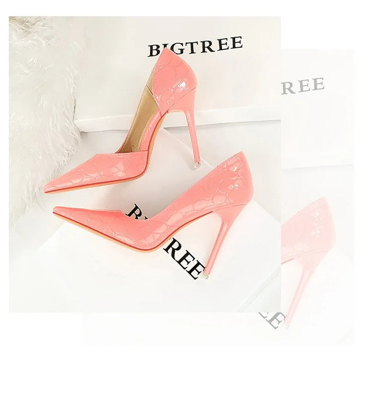 Women's Patent Leather Stone Pattern High Heels Square Head Stilettos Shoes