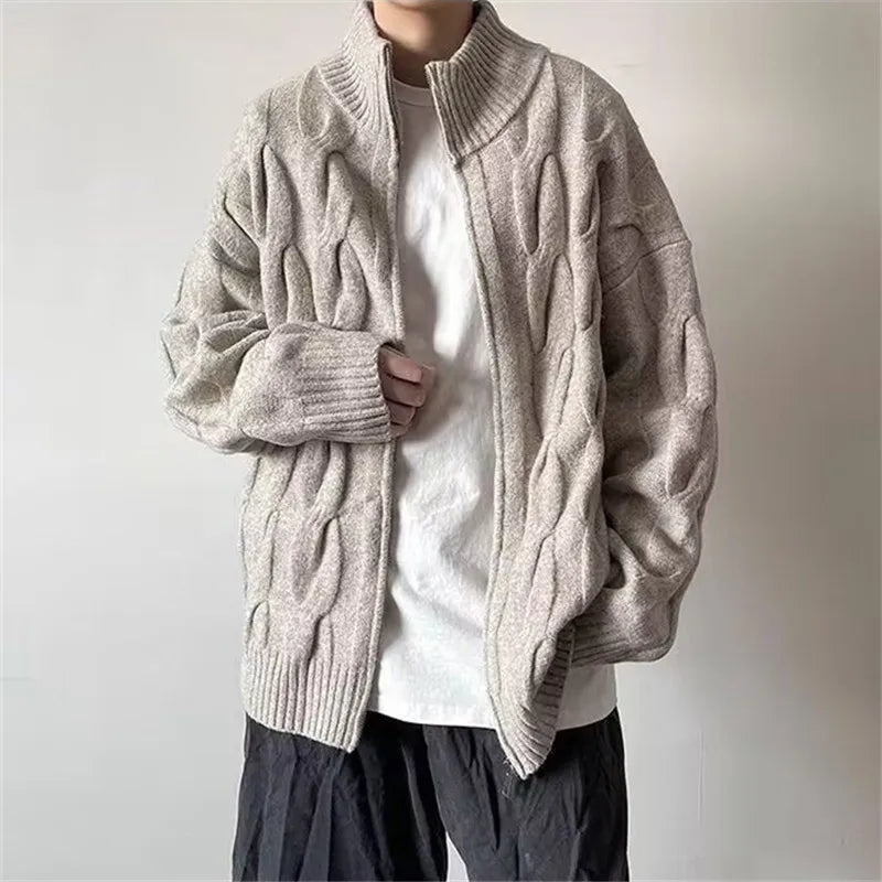 Men's Autumn Winter Stand Collar Cardigan - Loose Knit Sweater Coat