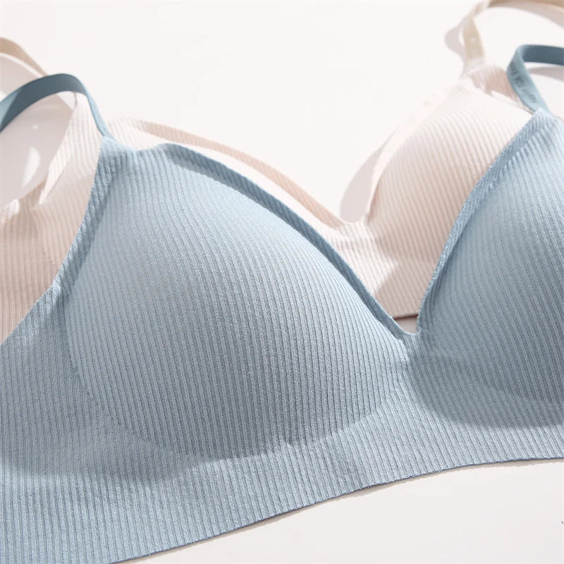Women's 3/5Pcs/set Wireless Bra Deep V Padded Bralette Stripe Knitting Bras