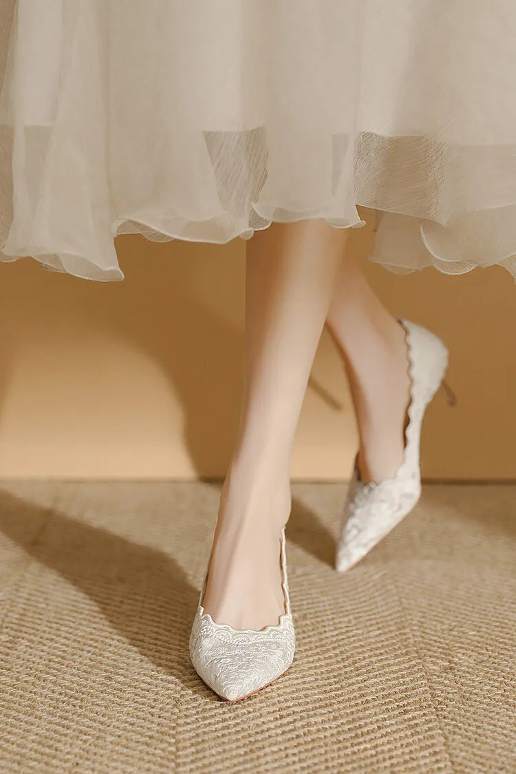 Embroidered Bridal Heels - Pointed Toe Wedding Pumps with 6.5cm Heel