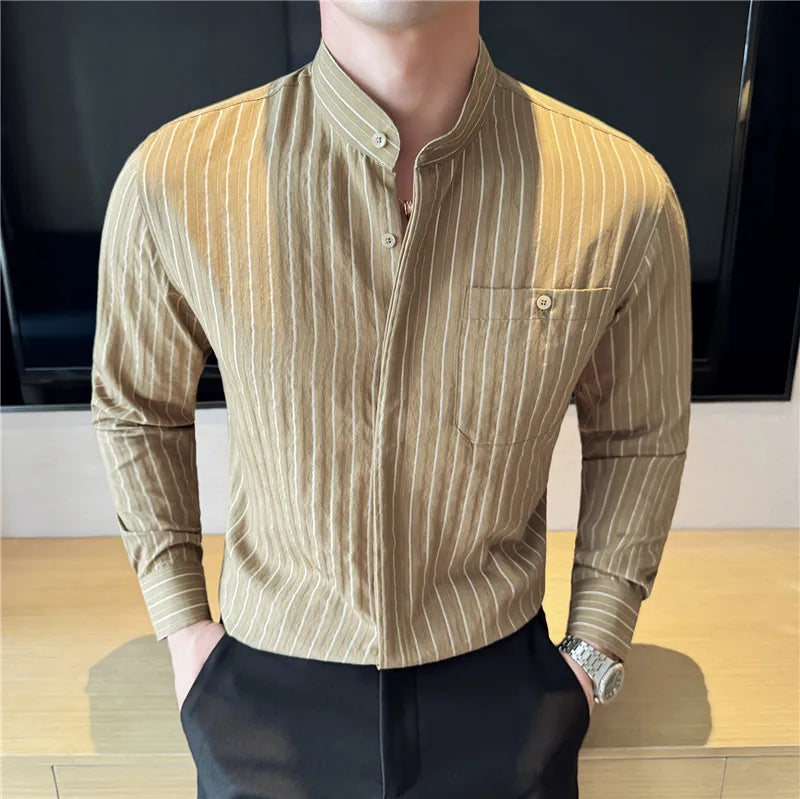 Men's Striped Stand Collar Long Sleeve Single Breasted Shirt