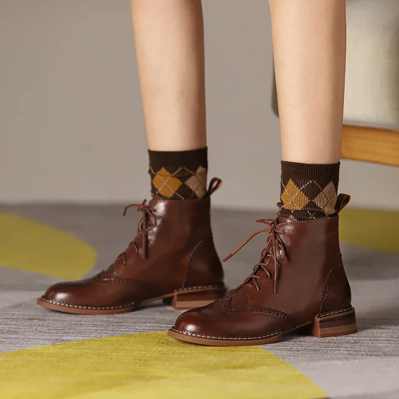 Women's Round Toe Low Heels Cross-Tied Genuine Leather Platform Ankle Boots