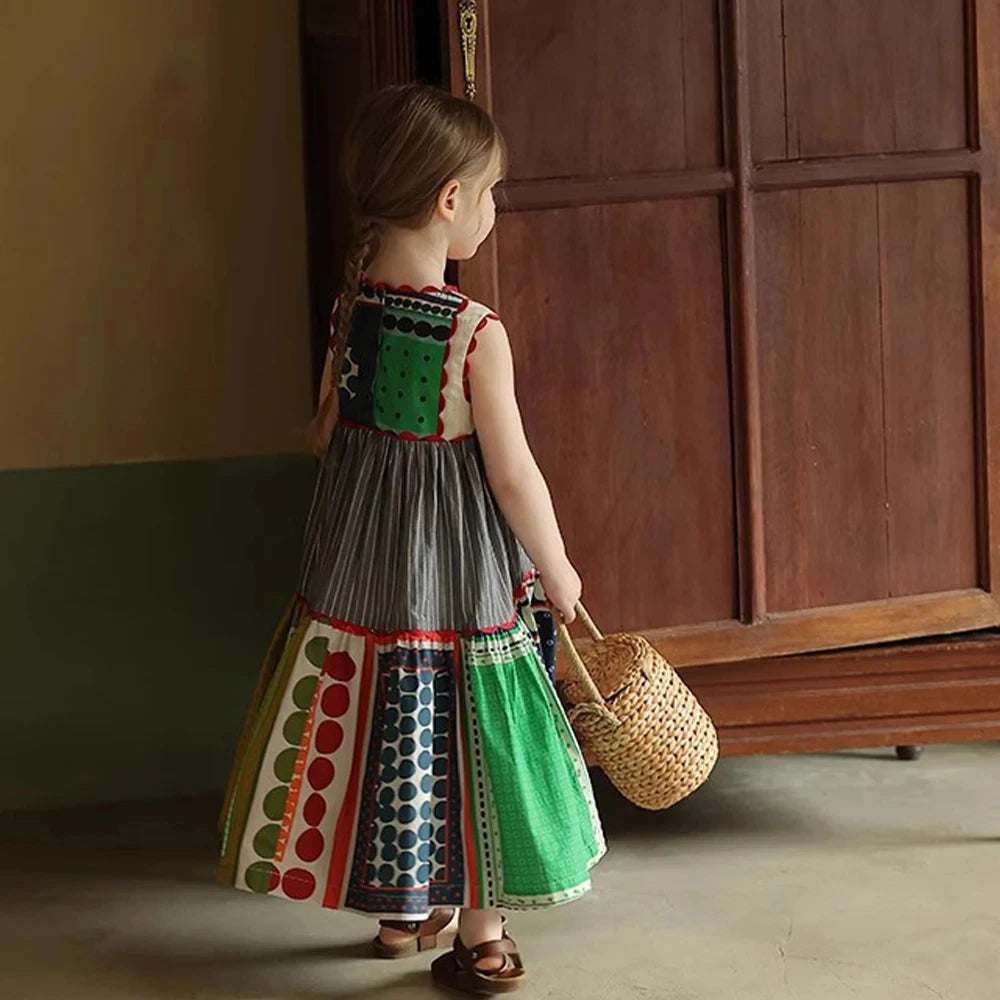 Girls' Dress Summer Children's Round Neck Sleeveless Geometric Multicolour Comfortable Casual Dress