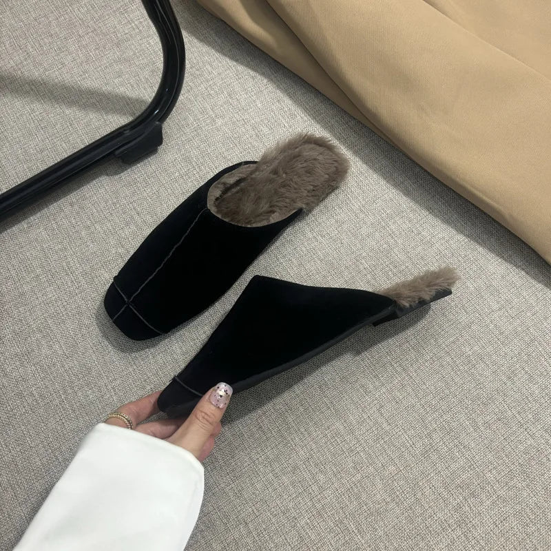 Women's Suede Square Toe Flat Slippers