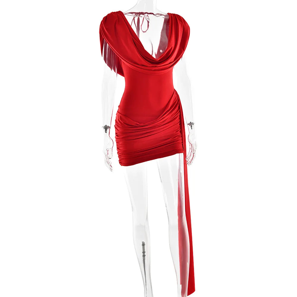 Women's Elegant Ruched Draped V Neck Mini Dress - Sleeveless Bodycon