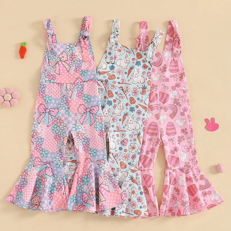 Girls' Easter Romper Pants - Sleeveless Floral Rabbit Print Suspender Jumpsuit