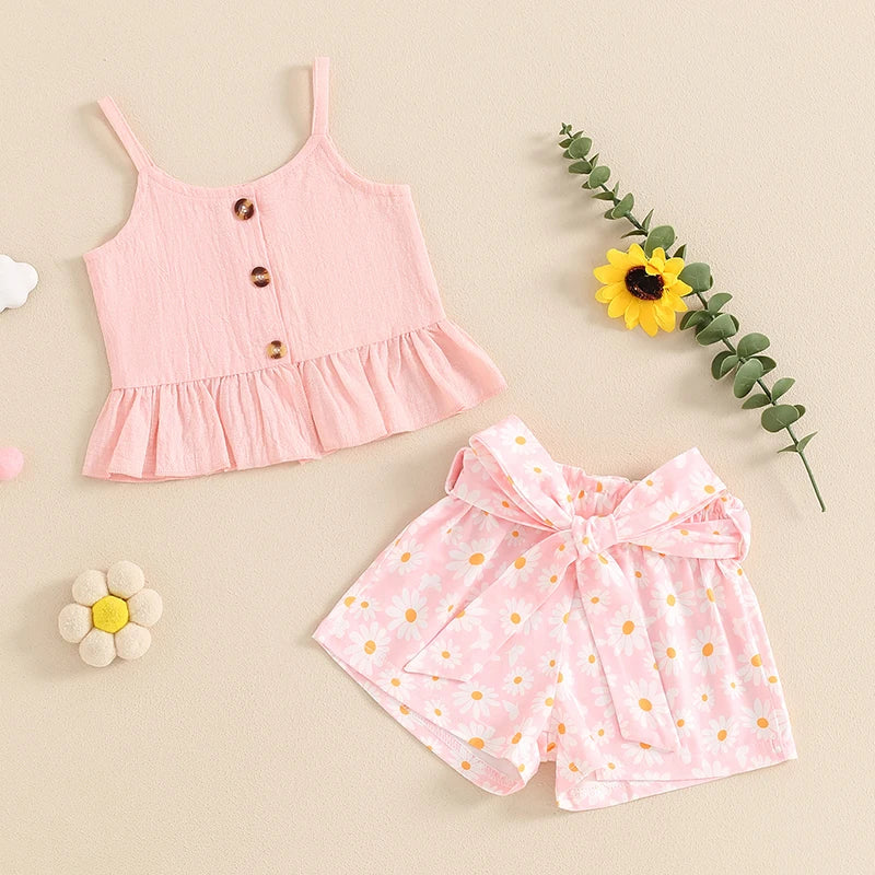 0-4Y Girls Summer Clothes Sets - Sleeveless Button Up Camisole Vest, Sunflowers Print Shorts Sets