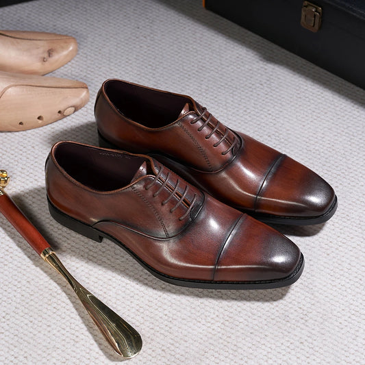 Men's Classic Lace-Up Oxfords Genuine Leather Cap Toe Wedding Party Formal Shoes