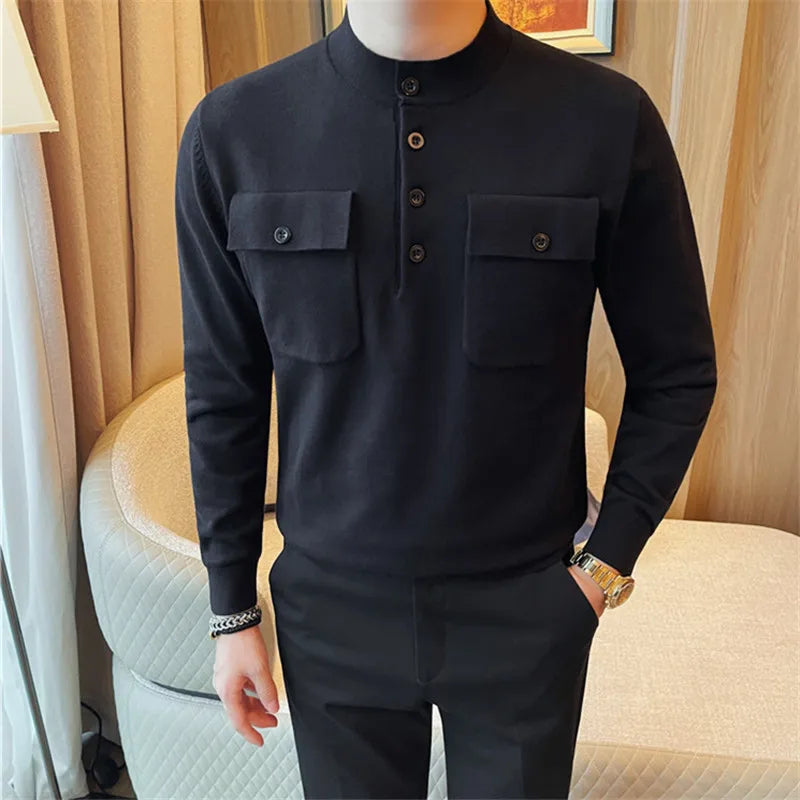 Men's Slim Fit Knitted O-Neck Pullover Sweater Solid Color Warm Korean Style