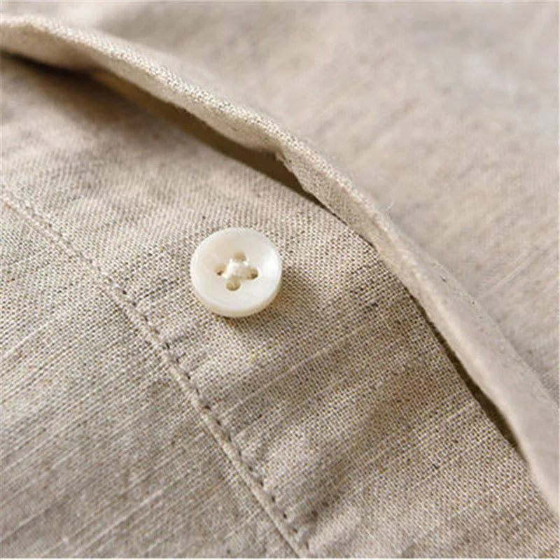 Men's Summer Cotton Linen Casual Lightweight Breathable Short Sleeve Loose Stand Collar Shirt