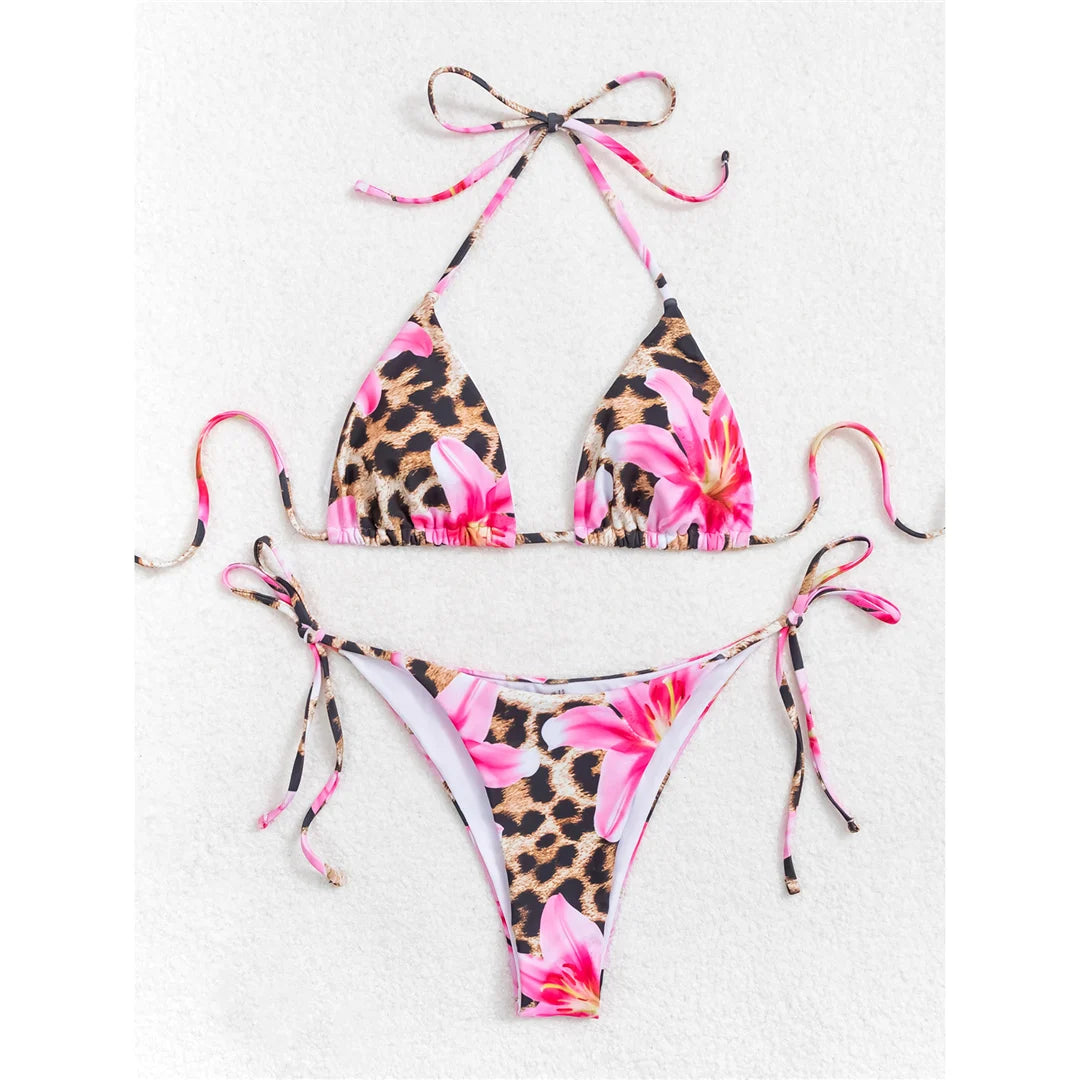 Floral Leopard Halter Bikini Set