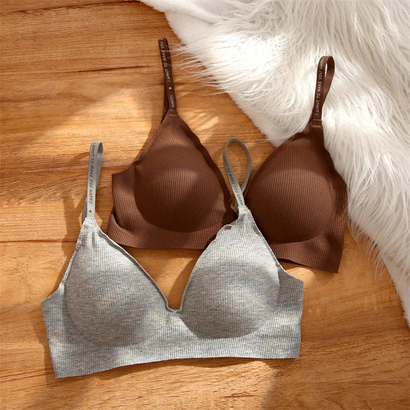 Women's 3/5Pcs/set Wireless Bra Deep V Padded Bralette Stripe Knitting Bras