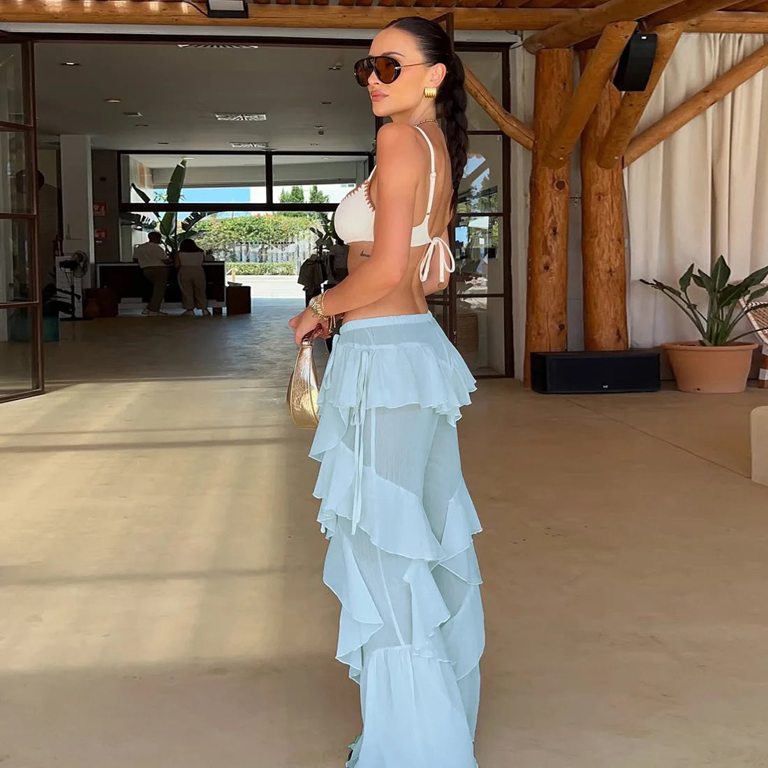 Women's Ruffled Tie Detail Flared Pants - Mesh Sheer Stretch Trousers