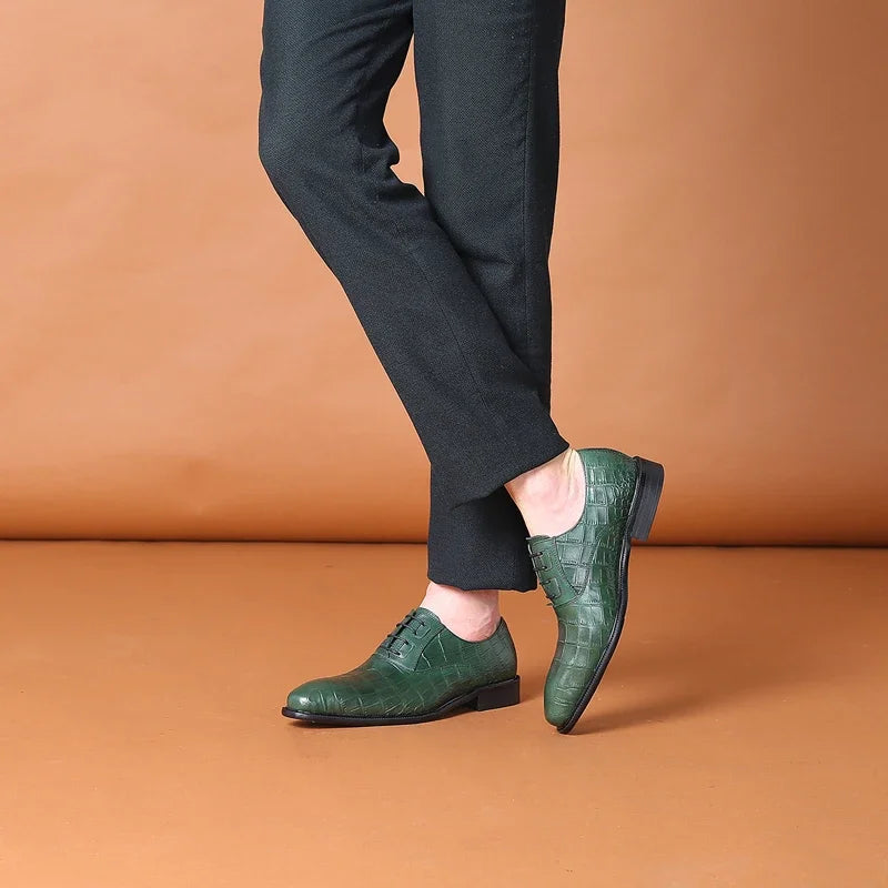 Crocodile Pattern Square Toe Brogue Leather Oxford Shoes