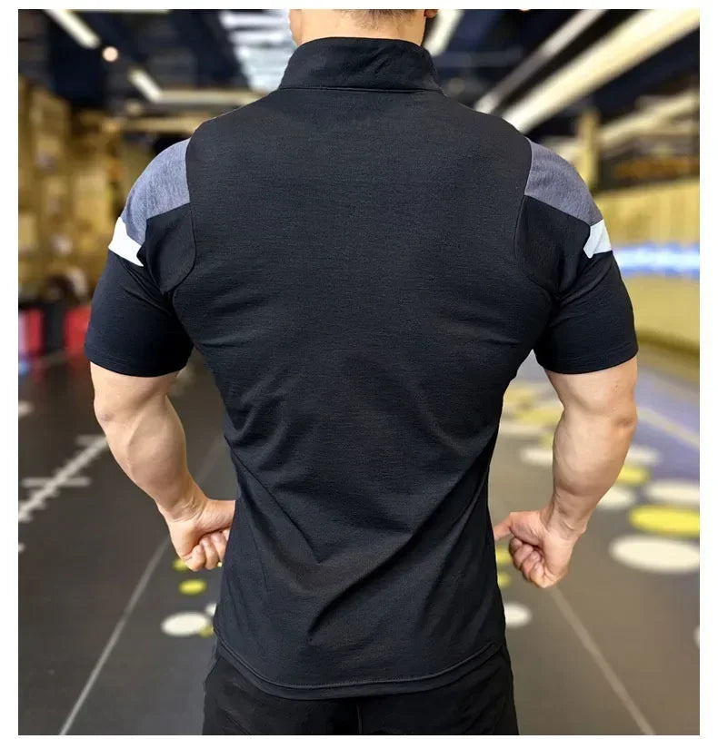 Men's Fitness Running Half Zip Training High Elasticity Muscle T-Shirt