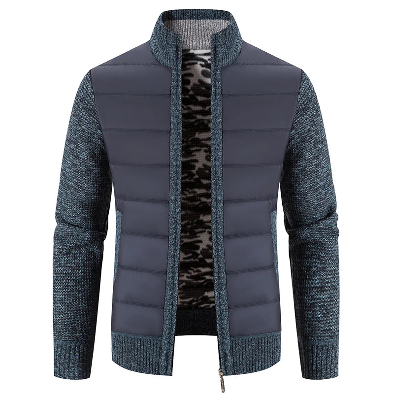 Men's Thick Fleece Cardigan - Warm Patchwork Knitted Sweater Jacket