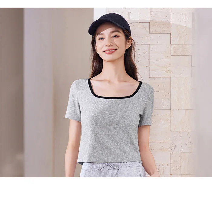 Women's Square Neck Short-Sleeved Slim Fit Top - Versatile Layering Piece
