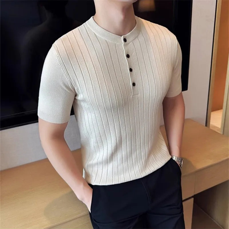Men's Summer knitted Polo Short Sleeve Smart Casual Henry Collar Slim Fit Knit Shirt