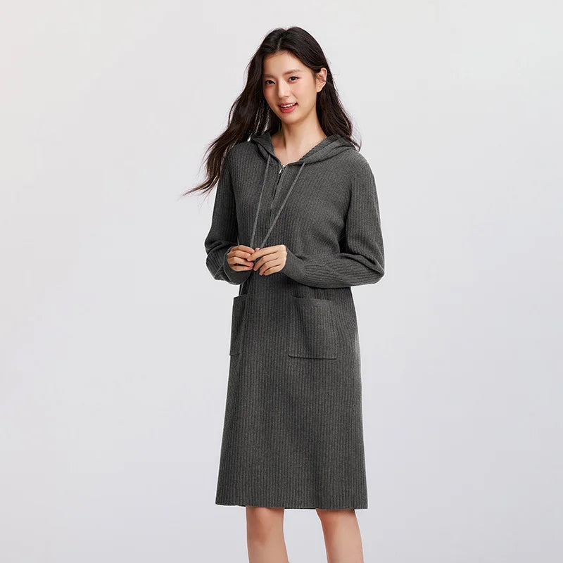 Women's Knit Hoodie Dress - Slim Fit Textured Mid-Length Winter Casual Style