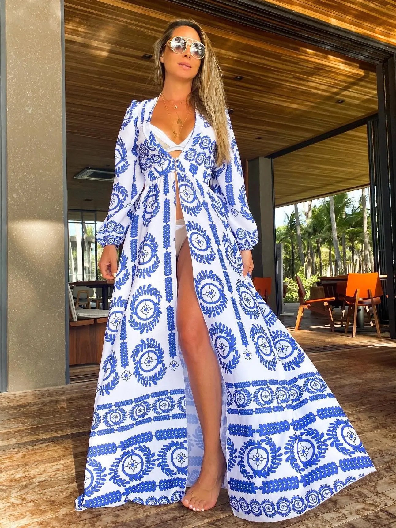 Women's Bikini Beach Cover up Tunics For Long Kaftan Swimsuit Cover Robe Swimsuit Cover-ups Print Beachwear