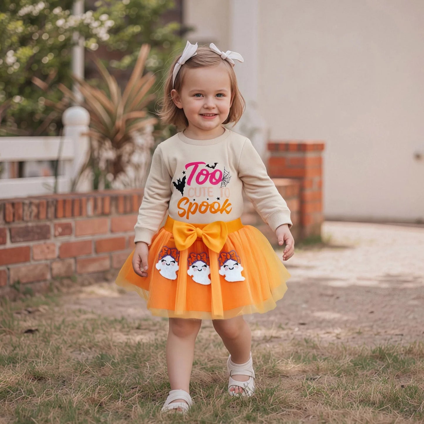 Baby Girl's Halloween Outfit Set - Cartoon Letter Sweatshirt & Ghost Tulle Skirt
