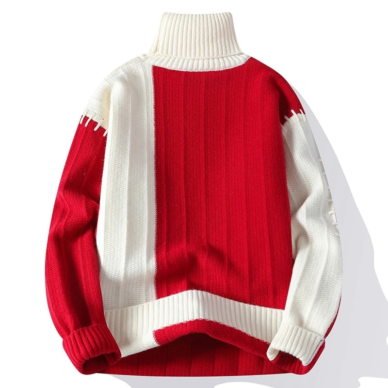 Men's Turtleneck Patchwork Casual Knit Pullover Loose Knitted Sweater