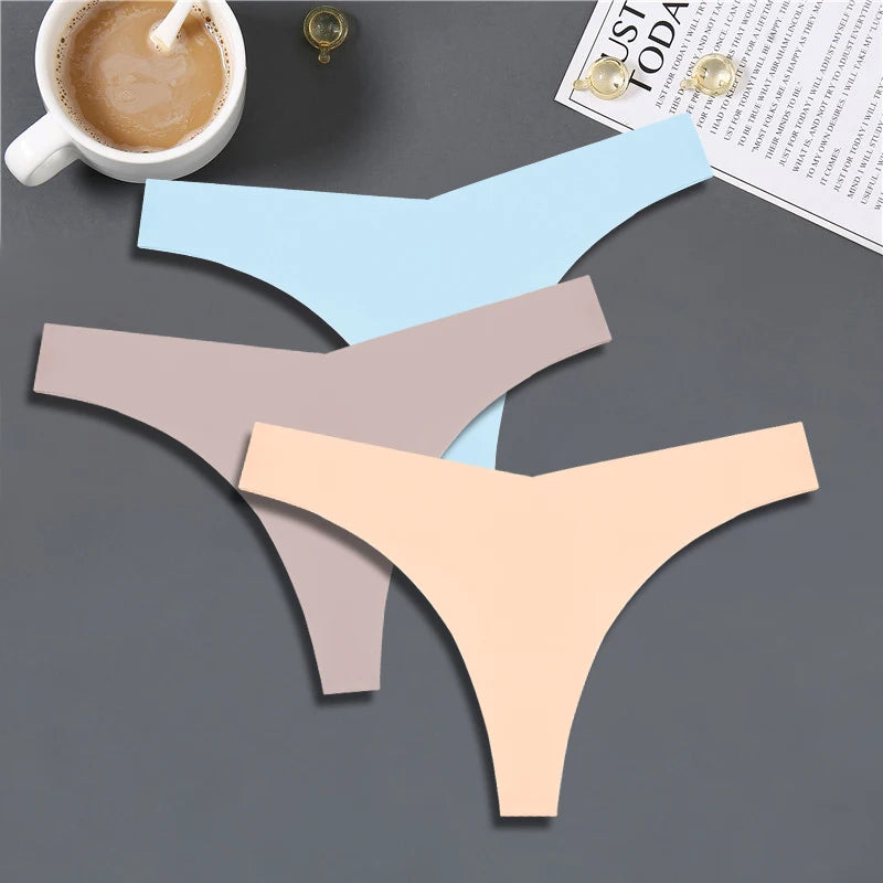 3PCS Women Ice Silk Seamless Underpants Panties, V-Waist Sport Thongs Low Rise 10 Solid Colours Breathable G-string