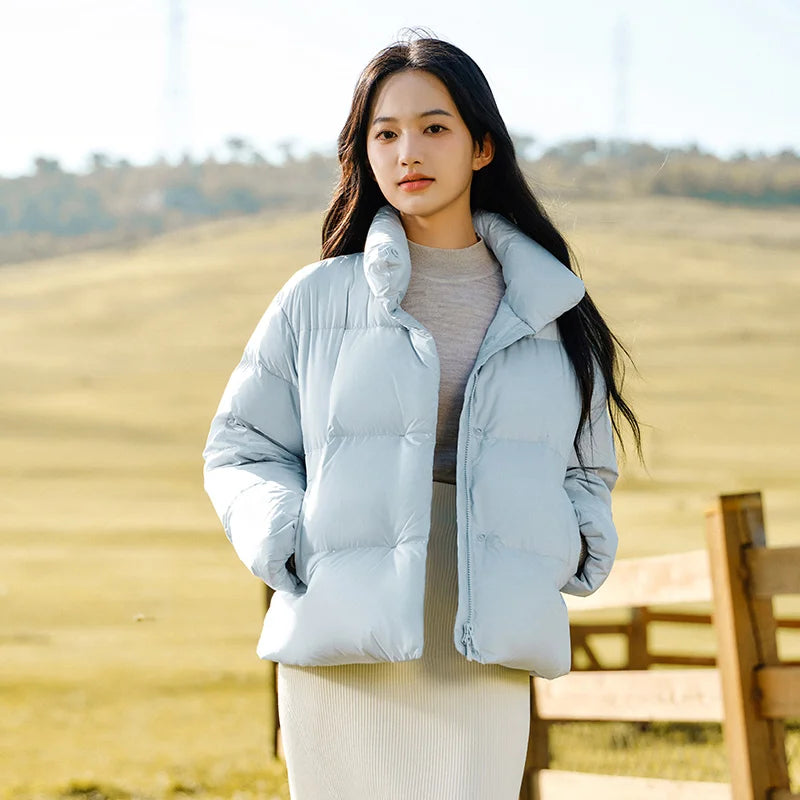 Down Jacket Women Three-Proof Solid Color Stand-Up Collar Loose Simple Winter Versatile Goose Warm