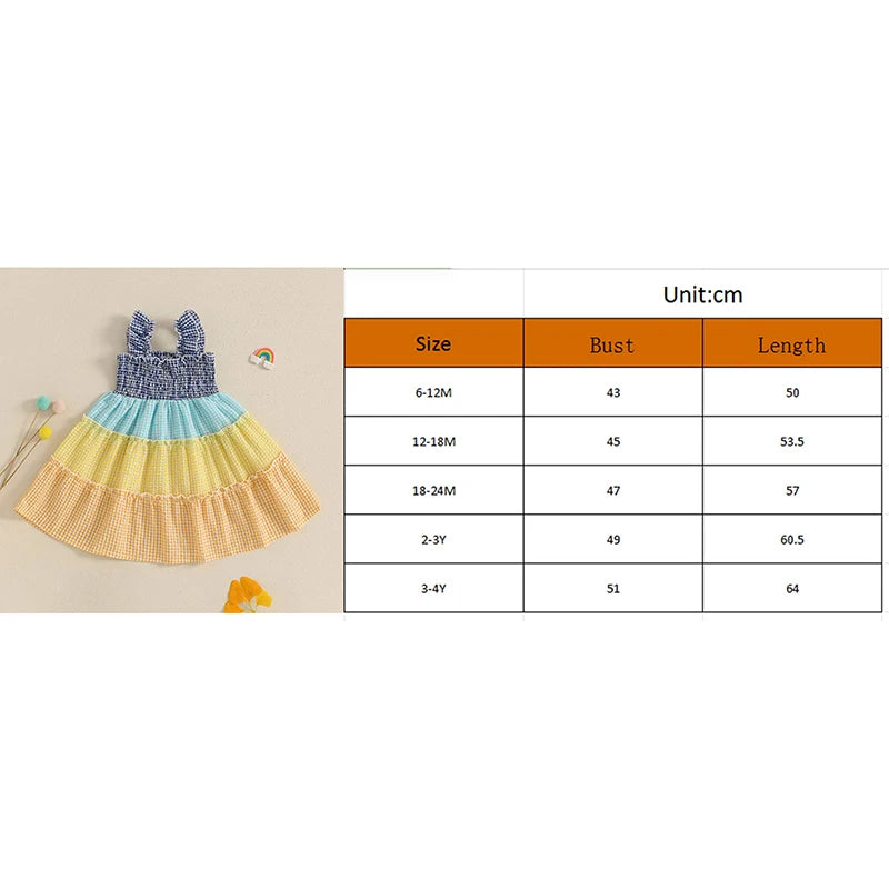 0-4Y   Kids Girls Summer Dress Colorful Plaid Striped Print Sleeveless Suspender Smocked A-Line Dress